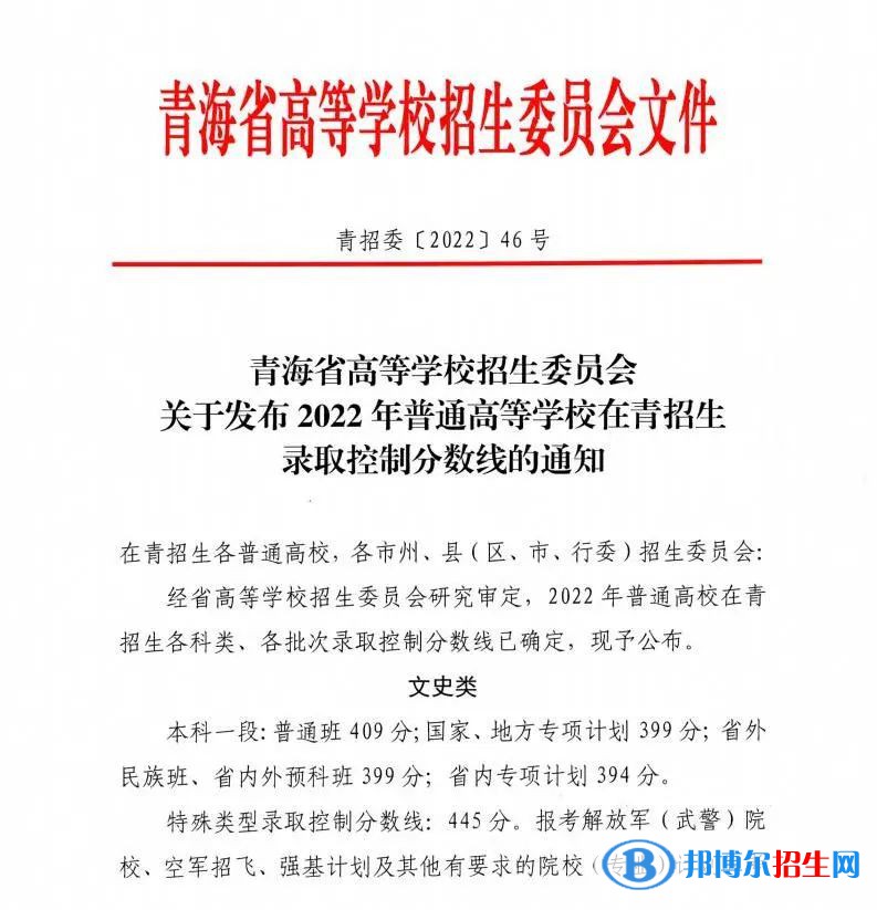 2022年青海高考分?jǐn)?shù)線一覽表（本科、?？?、特殊類型）